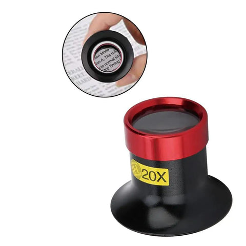 20X Watchmaker Loupe Magnifier for Pro Grade Precision shown with red ring and glass lens for detailed inspections.