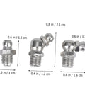 Close-up of three metal grease fittings from the Grease Zerk Fittings Kit, 45-Piece Metric Assortment With Straight, 45-Degree, And 90-Degree Angles