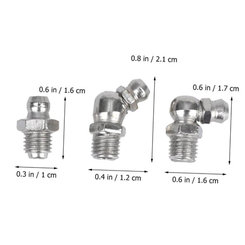Close-up of three metal grease fittings from the Grease Zerk Fittings Kit, 45-Piece Metric Assortment With Straight, 45-Degree, And 90-Degree Angles