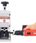 Lmaoss Manual Wire Stripper Machine Drill Powered Hand Crank Copper Cable Peeler with warning label and cordless drill attachment.