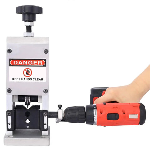 Lmaoss Manual Wire Stripper Machine Drill Powered Hand Crank Copper Cable Peeler with warning label and cordless drill attachment.