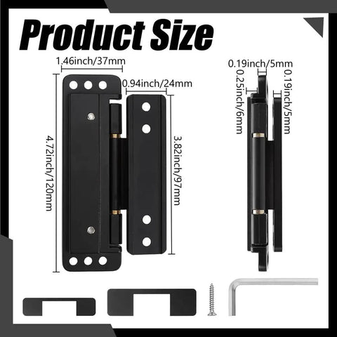 Four Pack Stealth Matte Black Hidden Door Hinges Straight Up Smooth And Built Legit With Rust Proof Zinc Alloy Plus Adjustable Silent Close specs showing dimensions.