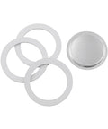 Bialetti replacement gasket and filter set for 6-cup espresso maker; includes four white gaskets and metal filter plate.