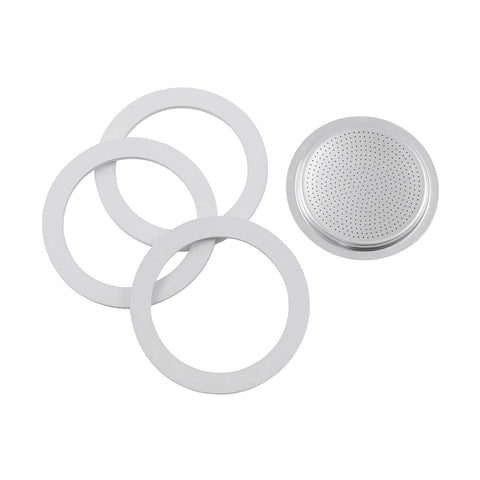 Bialetti replacement gasket and filter set for 6-cup espresso maker; includes four white gaskets and metal filter plate.