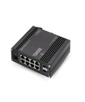Front view of 8 Port Industrial PoE Plus Switch with 2 SFP uplinks, showcasing L2 Plus management for industrial automation.