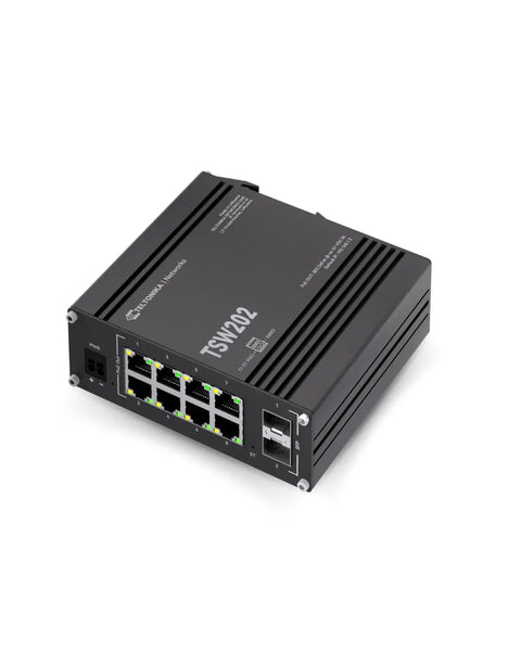 Front view of 8 Port Industrial PoE Plus Switch with 2 SFP uplinks, showcasing L2 Plus management for industrial automation.