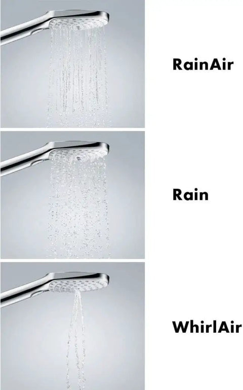 Raindance Select S 5 Inch Handheld Shower Head With Rain Rain Air And Whirl Modes No Brainer Install showing spray modes.