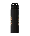 Black water bottle with vintage printed design on white background.