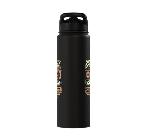 Black water bottle with vintage printed design on white background.