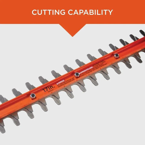 Close-up of 17-inch dual-action blades on Corded 17 Inch Hedge Trimmer With 3.2 Amp Motor, Dual Action Blades For Reduced Vibration And Cleaner Cuts