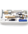 Straight Up Built Tough Gemstone Faceting Machine With Digital Angle Readout And Ergonomic Handle Featuring 32 Position Index Gearing laid out in a protective foam case.