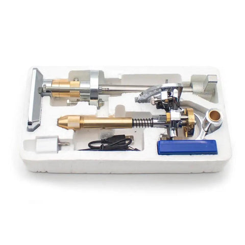 Straight Up Built Tough Gemstone Faceting Machine With Digital Angle Readout And Ergonomic Handle Featuring 32 Position Index Gearing laid out in a protective foam case.