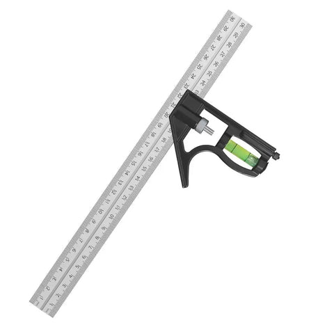 12 Inch Heavy Duty Combination Square With Integrated Vial Level And Dual Metric Imperial Ruler Scales top view showing level and markings.