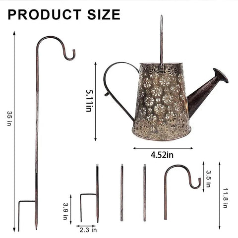 Product size diagram for Solar Powered Watering Can Lantern With LED Lights For Garden Decor Waterproof Outdoor Glow Light Accent Lit Backyard Vibe Easy Setup Solar Garden Ornament