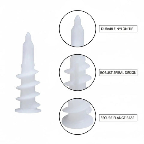 Close-up of 100-Pack M10 Nylon Drywall Anchors detail, showing durable tip, spiral design, and flange base for hollow walls.