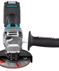 Badass Cordless Angle Grinder Kit Including Dual 40V Max Batteries And Smart Charger For Swift 125mm Metal Cutting Hella Lightweight Yet Serious Powerhouse Tool front view with cutting wheel and handle.