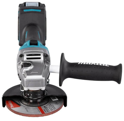 Badass Cordless Angle Grinder Kit Including Dual 40V Max Batteries And Smart Charger For Swift 125mm Metal Cutting Hella Lightweight Yet Serious Powerhouse Tool front view with cutting wheel and handle.