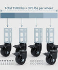 3 Inch PU Caster Wheels For 2x2 Boltless Shelving Racks Four Pack Heavy Duty Mobility Set With 1500 Lb Total Load Easy Slide In Installation No Bolts Required Quiet Smooth Rolling For Garage Storage And Workshop, showing installation setup with load capacity indication.