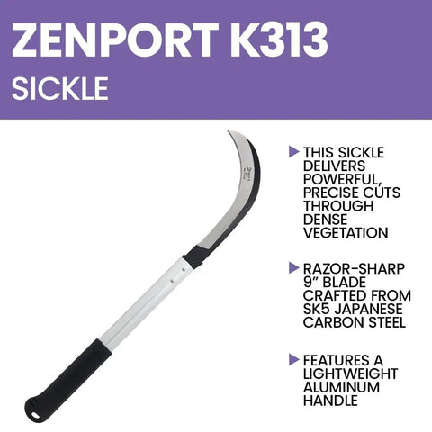 Heavy Duty Harvest Sickle With Carbon Steel Blade And Aluminum Handle, shown with black rubber grip for leverage.