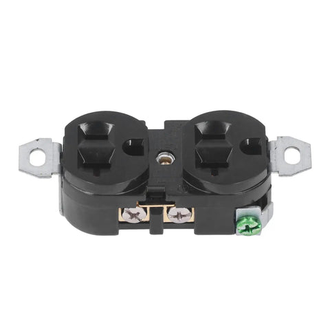 Heavy Duty Industrial Duplex Power Outlet 20 Amp 125 Volt Double Wall Socket for Stove Dryer Generator in black with brass conductors.