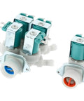 Hot And Cold Water Inlet Solenoid Valve Kit For Washing Machines 120V 60Hz Includes 4 Coils Plug And Play Replacement For Samsung And Maytag replaces P5623062 and PS4208704, shown with blue and red inlet ports