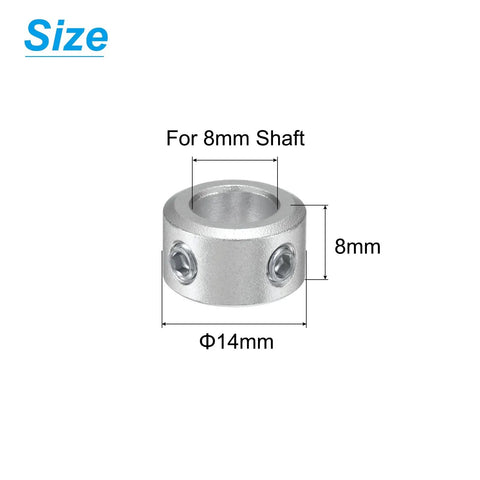 Aluminum Alloy Shaft Collar Clamp On Set Screw Two Pack For 8mm Shaft With 14mm Outer Diameter And 8mm Thickness shown with dimensions.