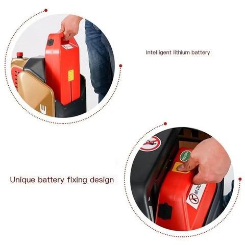 Full Electric Pallet Jack Truck With 3300 Pound Beast Mode Payload And 46 By 27 Inch Sturdy Forks showing intelligent lithium battery and unique fixing design.