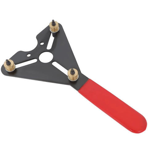 Front view of RoadFAR A/C clutch holding tool with red handle and black triangular plate.