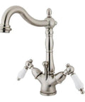 Deck Mount Lavatory Faucet With Porcelain Lever Handle And Brass Pop-Up, 8-1/4 Inch, Brushed Nickel Finish, 4-Inch Centerset
