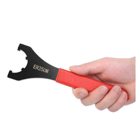 Premium High Carbon Steel Clamping Nut Wrench For ER32 Collet Chuck Spanner with red ergonomic handle being held.