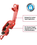 Top Shelf Hella Secure Red Circuit Breaker Lockout For Standard Single Double Toggle Boxes, durable lockout device for 120v and 240v.