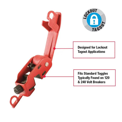 Top Shelf Hella Secure Red Circuit Breaker Lockout For Standard Single Double Toggle Boxes, durable lockout device for 120v and 240v.