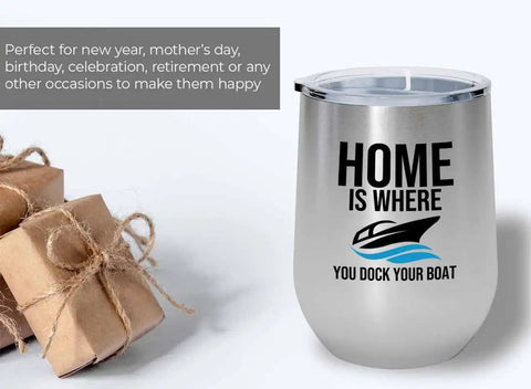 Boat Crew Silver Wine Tumbler 12oz For Dockside Sips And On Deck Fun with engraving beside gift boxes