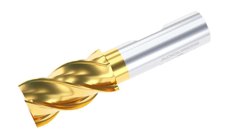 Side view of Accusize end mill with gold-coated flutes and silver shank