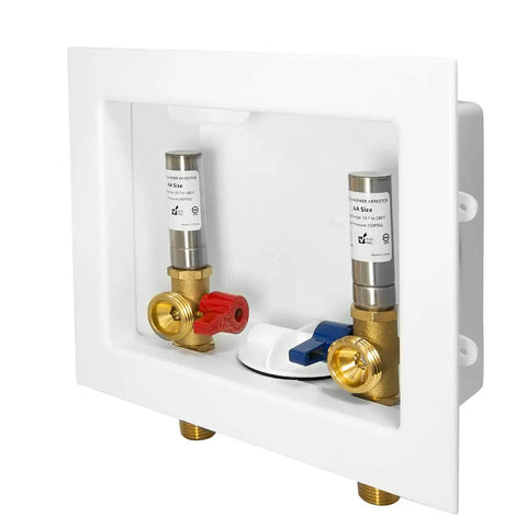 Washing Machine Outlet Box With Center Drain And Built In Stainless Steel Water Hammer Arrestors Quarter Turn Ball Valves