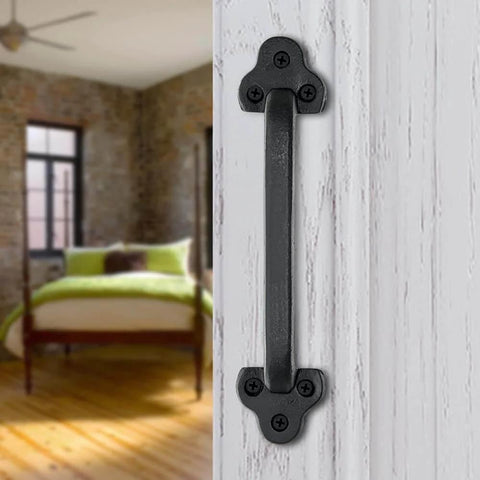 Rustic 9 Inch Cast Iron Sliding Barn Door Handle 2 Pack Black Vintage Gate Pull For Interior Doors Cabinets Drawers Outdoor Garage Closet Durable Cast Iron Construction Rust Resistant Matte Black Finish Easy Install Antique Style Hardware For Barn Doors installed on white door