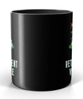 Sweet Retirement Ride Golf Cart Coffee Mug In 15 Oz Black Ceramic With Hella Durable Glaze for retired golfers, side view showing printed design.
