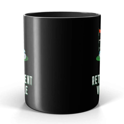 Sweet Retirement Ride Golf Cart Coffee Mug In 15 Oz Black Ceramic With Hella Durable Glaze for retired golfers, side view showing printed design.