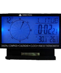 Front view of black digital car thermometer with blue backlight, compass and large 3.9-inch LCD