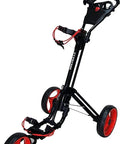 Slick Three Wheel Golf Push Cart With No Sweat Quick Fold Aluminum Frame And Secure Foot Brake One Second Setup Heavy Duty Construction Made For Weekend Fairways detail shot showcasing lightweight aluminum frame and red wheels.