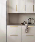 Modern kitchen cabinets featuring Bronze Aluminum Edge Finger Cabinet Pulls Set Of Two 80mm Hidden Drawer Pulls, installed with flat design.