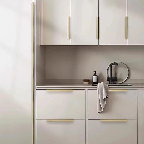 Modern kitchen cabinets featuring Bronze Aluminum Edge Finger Cabinet Pulls Set Of Two 80mm Hidden Drawer Pulls, installed with flat design.