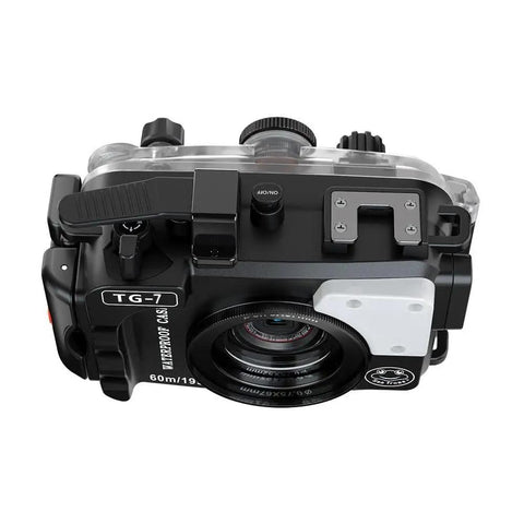 Underwater Housing For Olympus TG-7 With Filter, 60m/195ft Depth Rating, Black, camera angle showing top controls