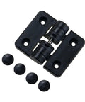 Black resin positioning torque hinge with two mounting plates and four screw holes; includes five caps.