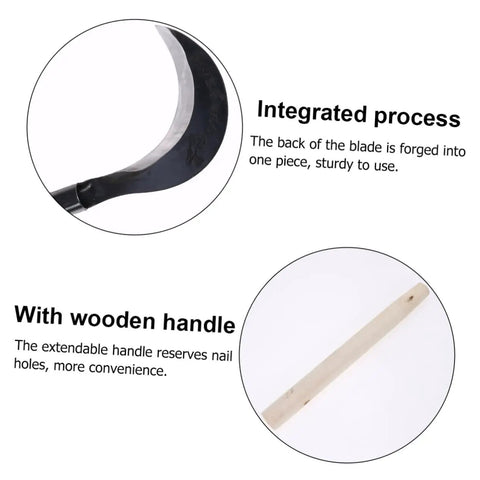 Long Handle Manganese Steel Hand Scythe For Weeding And Gardening With A Comfy Grip, showing integrated blade and wooden handle.