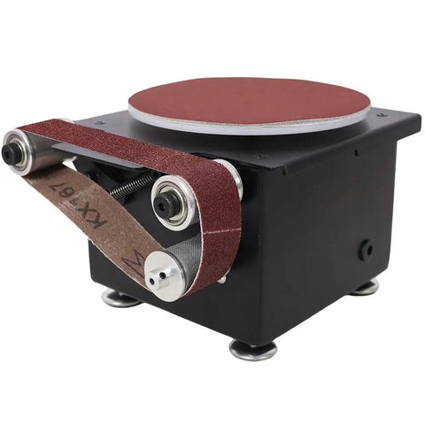 Compact 3 In 1 Electric Belt Sander With Bench Grinder And Knife Sharpener showing sanding belt and polishing disc on black frame.
