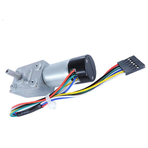 Top Tier JGY 370GB Worm Gear Motor With Encoded Output, 12V model, featuring wires for speed control in robotics projects.