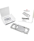 Stainless Steel Key Tool Multitool With 20 Functions, Carabiner Key Ring for travel, shown with packaging and user manual.