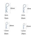 Diagram of 185Pcs Clevis Pins Kit with stainless steel and zinc-plated R clips, sizes 3mm to 1.2mm and quantities shown.