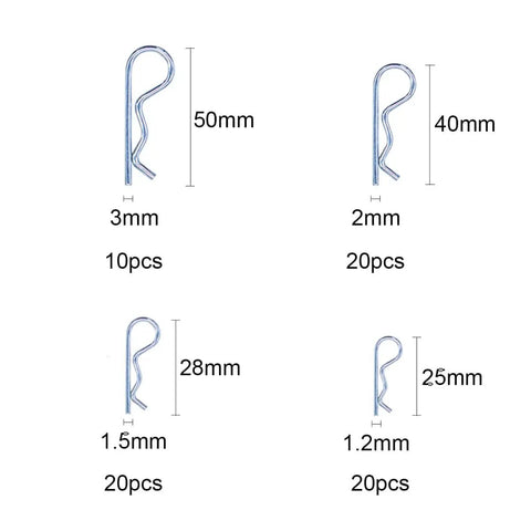 Diagram of 185Pcs Clevis Pins Kit with stainless steel and zinc-plated R clips, sizes 3mm to 1.2mm and quantities shown.